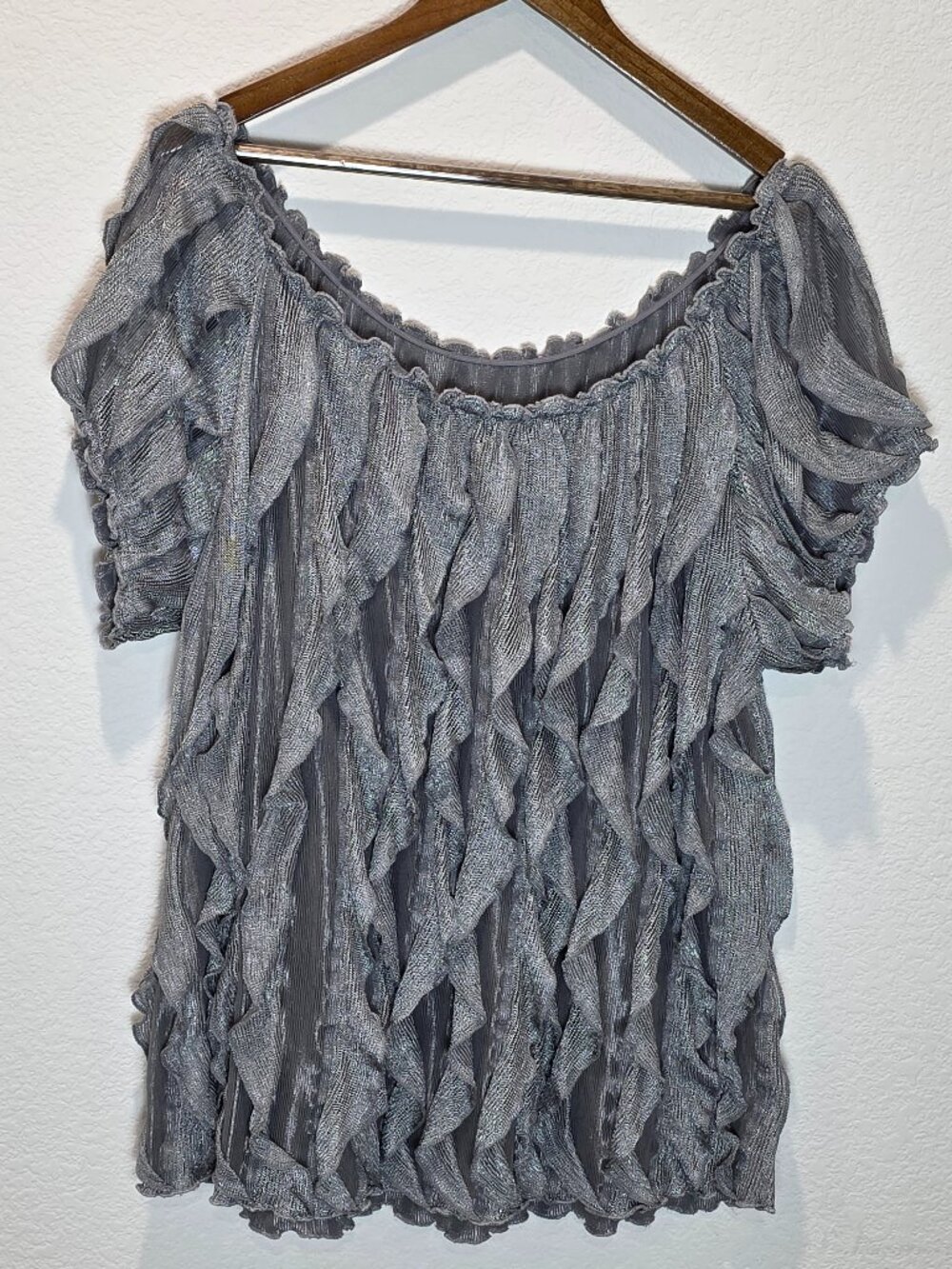 Once 1 Again Plus Metallic Grey Ruffle Blouse 2X